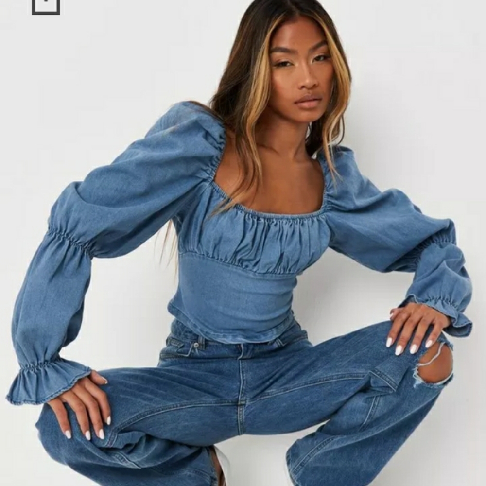 NWT Blue puff sleeve chambray denim top missguided size 4